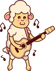 Cute Standing Sheep Playing Acoustic Guitar Instrument Animal Character Cartoon
