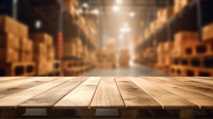 The empty wooden table top with blur background of warehouse storage. Exuberant image. generative AI - obrazy, fototapety, plakaty