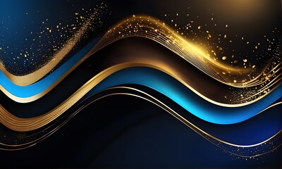 Abstract dark blue background with glowing particles, stars, gold and blue waves.. Galaxy, futuristic world. Designed for banners, wallpaper, template, background, postcard