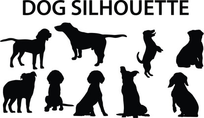 isolated black silhouette of a dog collection, Set of dog silhouette vector. Dogs and puppies in different breed, corgi, golden retriever, poses, sitting, standing, jump - obrazy, fototapety, plakaty
