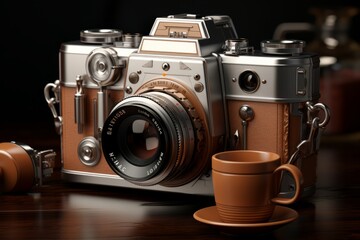 Vintage Film Camera with a Leather Strap, on an isolated Coffee Brown background, Generative AI - obrazy, fototapety, plakaty