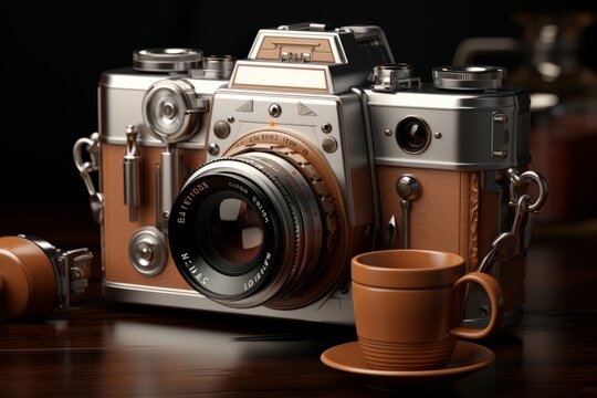 Vintage Film Camera with a Leather Strap, on an isolated Coffee Brown background, Generative AI