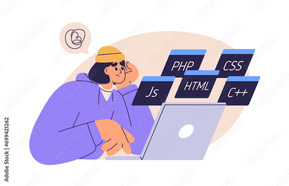 Aufkleber Student studying code, program. Puzzled person chooses computer language to learn. Coder, programmer education, information technology concept. Flat vector illustration isolated on white background