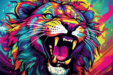 Lion. Abstract, multicolored, neon portrait of a growling lion looking forward, in the style of pop art on a neon background.