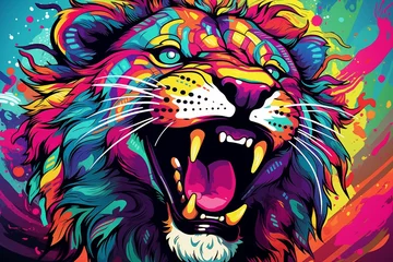 Muurstickers Lion. Abstract, multicolored, neon portrait of a growling lion looking forward, in the style of pop art on a neon background. © evgenia_lo