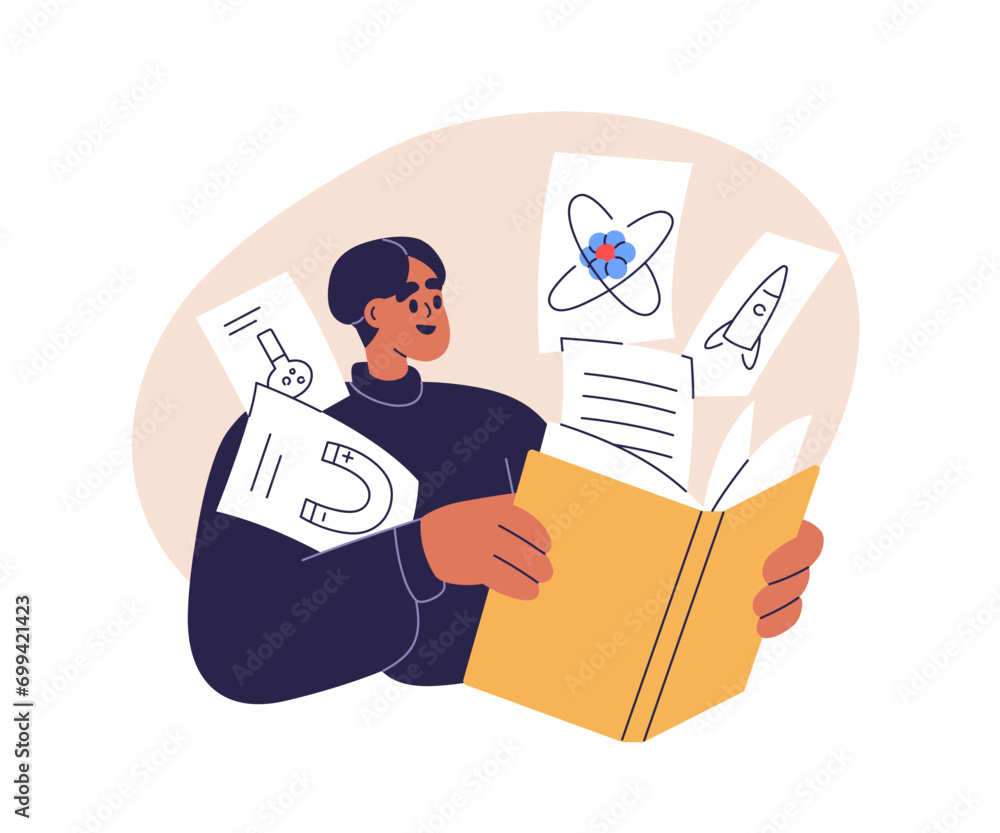 Poster studying physics. happy curious student reading science book, learning with textbook, encyclopedia i
