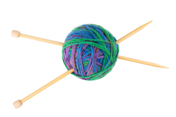Ball of yarn and knitting needles. Handmade hobby knitting. Wooden bamboo needles for knitting, sewing. Acrylic, wool or cotton thread. Handcraft, art and craft professional tools. Isolated background