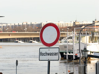 Hochwasser (flood) sign in Dresden, Germany. The old town is flooded by high water in the Elbe...