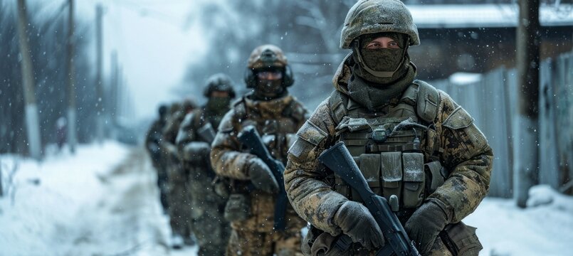 Group of winter soldier full vest uniform helmet protection and rifle gun. Generative AI technology.	