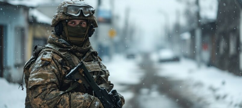 Soldier at winter war. Generative AI technology.	
