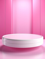 White pedestal or podium display with pink fabric platform on valentines concept background. Blank cosmetic shelf stand for showing product. 3D rendering. copy space - generative ai
