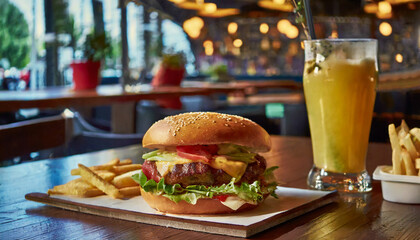 One burger, fries and orange juice on a diner table, closeup - obrazy, fototapety, plakaty