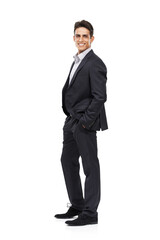 Man, suit and smile for portrait, confident and professional on white studio background. Businessman, young and ready for career, entrepreneur and employer for startup, mockup space and corporate