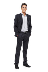 Businessman, suit and smile for portrait, confident and professional on white studio background....