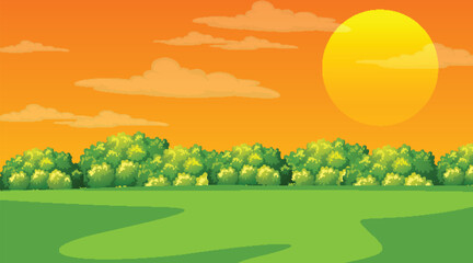 landscape with trees and sun with cartoon backround