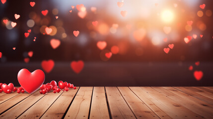 Empty old wooden table background with valentines day theme in background - obrazy, fototapety, plakaty