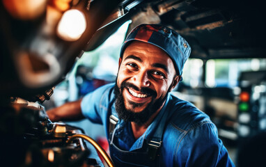 Fototapeta na wymiar smiling auto mechanic while repair car at workshop