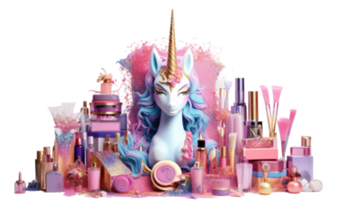 Whimsical and Vibrant Unicorn Themed Makeup Display on White or PNG Transparent Background
