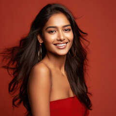 Young indian pretty girl smiling on red background.