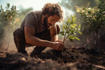 Man planting a sapling in misty afforestation effort - obrazy, fototapety, plakaty