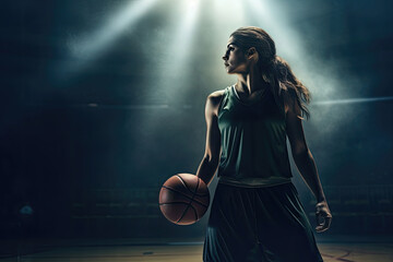 Female basketball player in a dark gym, spotlight highlighting her determination with the ball.