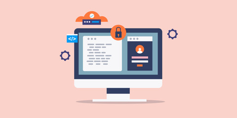 Cyber security code development, using programming language for cloud network security, encrypted data storage computer engineering information technology concept, vector illustration.