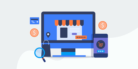 E-store or ecommerce website software, sell product or service online to customer, manage inventory, sales and revenue, Saas application concept. Vector illustration web banner.