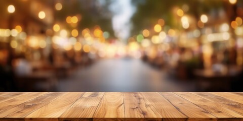 The empty wooden table top with blur background of street in downtown business district with people walking. Exuberant image. generative AI - obrazy, fototapety, plakaty