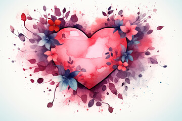 Watercolor Heart Shape Love with Flowers, Grange Texture for Happy Valentine's Day. Perfect for T-Shirt, Banner, and Poster Design - obrazy, fototapety, plakaty