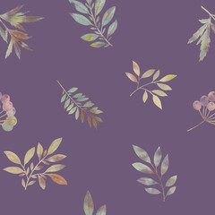 Bright colorful leaves drawn in watercolor on a light purple background, seamless botanical pattern