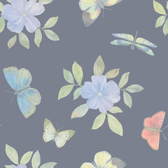 seamless botanical pattern, abstract delicate flowers and butterflies on a gray background
