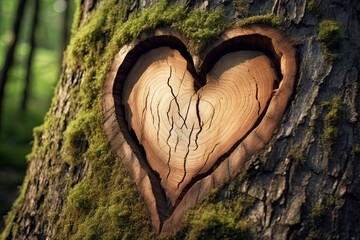 3D Heart Shape Love on Tree Bark, Wooden Heart Carved in Ecology, Environment, Tree Trunk. Perfect...