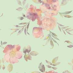 floral seamless pattern, colorful watercolor peony and rosehip flowers on a green background