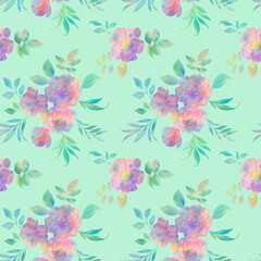 Fototapeta premium seamless floral pattern, pattern of watercolor peony and rosehip flowers on a green background