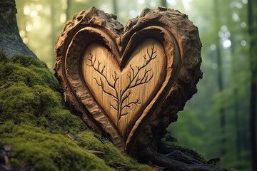 3D Heart Shape Love on Tree Bark, Wooden Heart Carved in Ecology, Environment, Tree Trunk. Perfect...