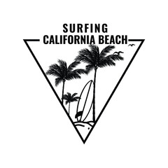 Tropical island with palm trees and seagull. Vector illustration style vintage surfing theme badge design. For t-shirt prints posters stickers and other uses.