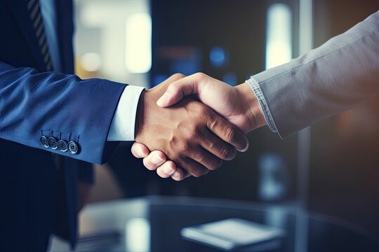Two professionals in a collaborative handshake, sealing a successful partnership agreement in a modern office. --ar 3:2 --v 5.2 Job ID: cfa6c5db-78d0-4348-b428-d7e2e64d433c