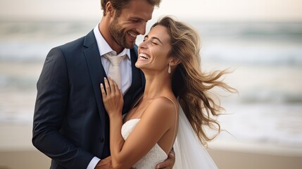 Fototapeta premium Bride and groom wearing suit and wedding dress at the sea on the beach smiling laughing and kissing.
