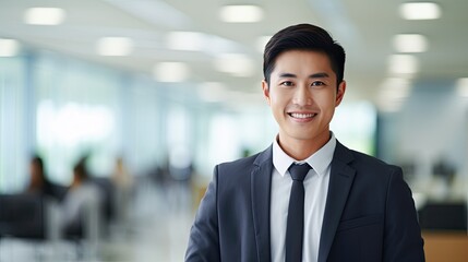 Portrait of a handsome smiling asian businessman boss in a suit standing in his modern business company office.