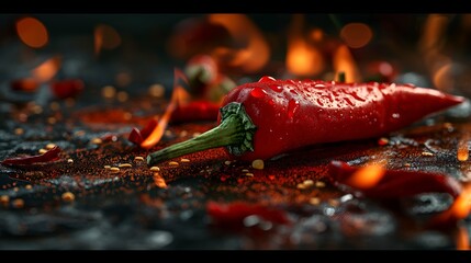 Red chili with fire in the background, spicy, hot - obrazy, fototapety, plakaty