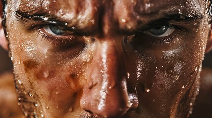 A close-up photo of an athlete's face, sweating.