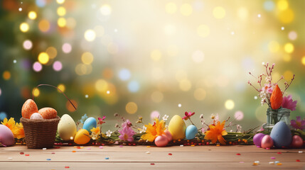 Empty wooden table background - easter spring theme - 699427632