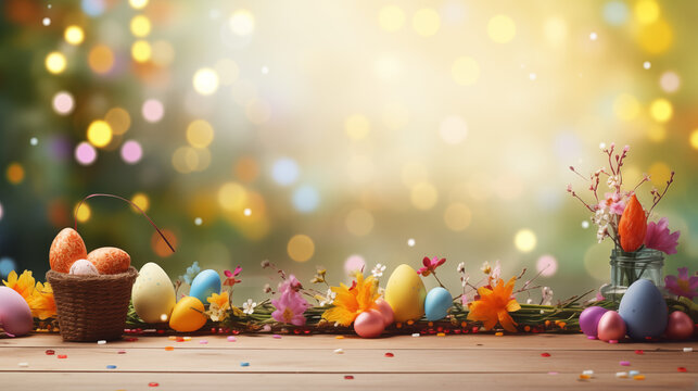 Empty wooden table background - easter spring theme