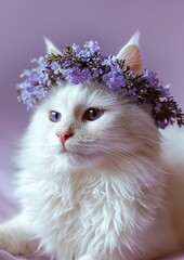 Portrait of a beautiful white cat with crystal eyes and snow like smooth furs, purple wild field flowers wreath on the head, isolated on lilac background, studio shot of funny fancy animal portrait.