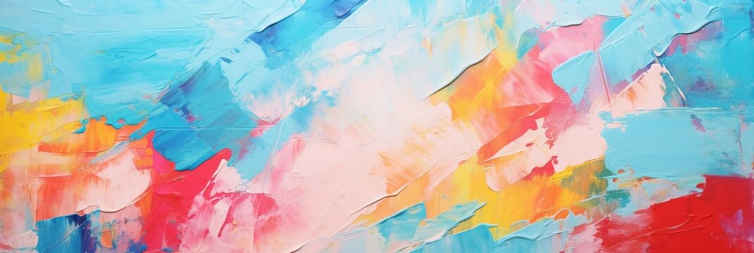 Abstract colorful oil painting on canvas. Oil paint texture with brush and palette knife strokes. Multi colored wallpaper. Macro close up acrylic background. Modern art concept. Horizontal fragment.