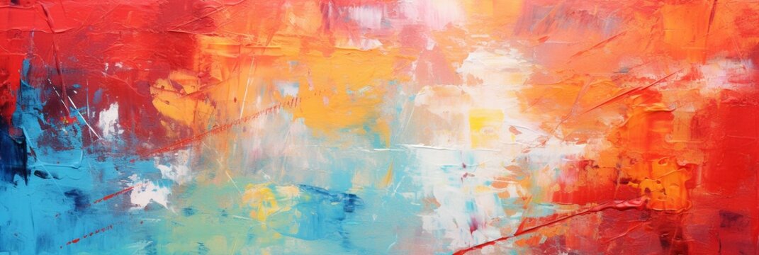 Abstract colorful oil painting on canvas. Oil paint texture with brush and palette knife strokes. Multi colored wallpaper. Macro close up acrylic background. Modern art concept. Horizontal fragment.