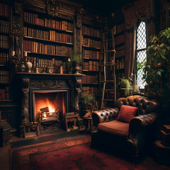 Vintage bookshelves in a cozy library.