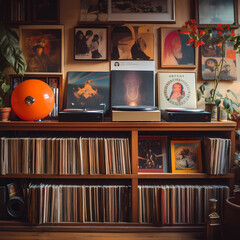 Vintage vinyl records on a shelf.