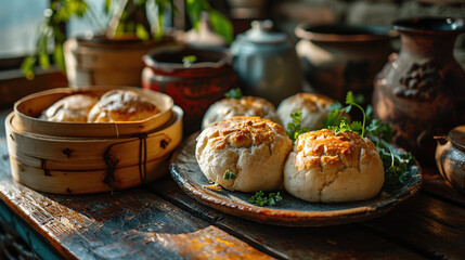 Vietnamese food, Asia food Steamed Pork Bun, made from pork and flour, called "banh bao"
