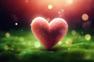 Obraz premium 3D Red Heart Shape Love Neon Lighting Glowing on Colorful Silent Blur Bokeh Background, Sparkle Sunlight Glitter Morning Sunrise. Colorful Backdrop for Valentine's Day